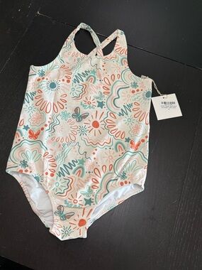 Girls' Floral Butterfly One-Piece Swimsuit - Coral & Teal